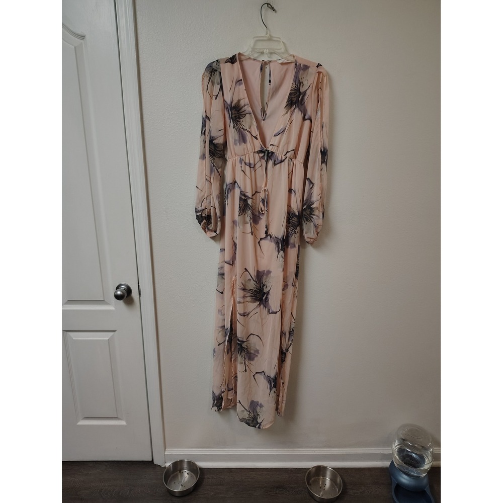 Peach Love California Blush Pink Floral Maxi Dress V-Neck Long Sleeve Small
